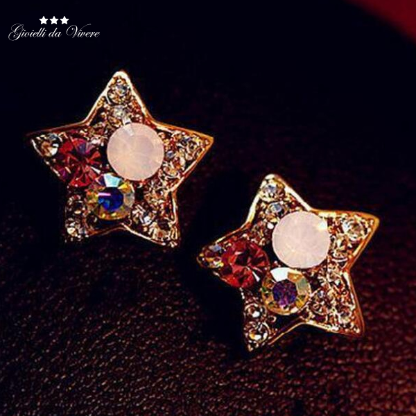 2 Paia Orecchini A Stella Con Strass - Modello A Bottone In Rame Bianco, Colori Argento E Oro